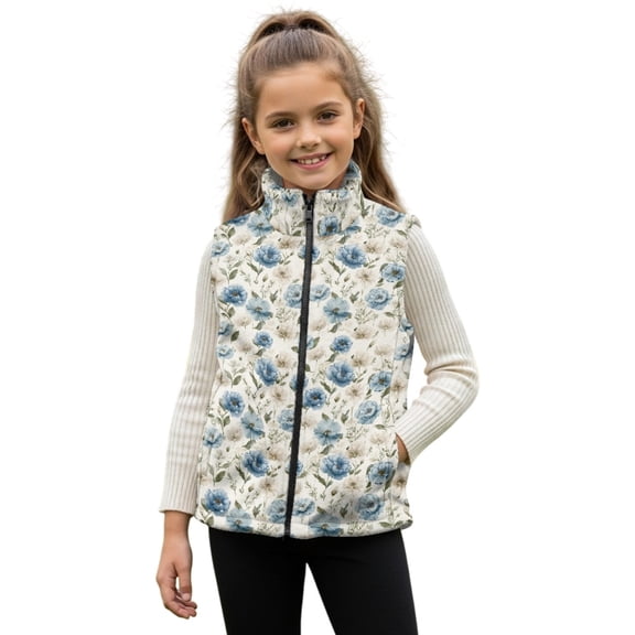 Xixirimido Blue Roses Pattern Boys Girls Full Zip Fleece Vest Sleeveless Stand Collar Outwear Warm Jacket with Pockets for 4T
