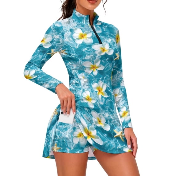 Xixirimido Blue Sea Plumeria Print Women Long Sleeve Golf Dress, Mini Tennis Dress with Built-in Shorts, Quick Dry Breathable Workout Sports Athletic Dress, Medium