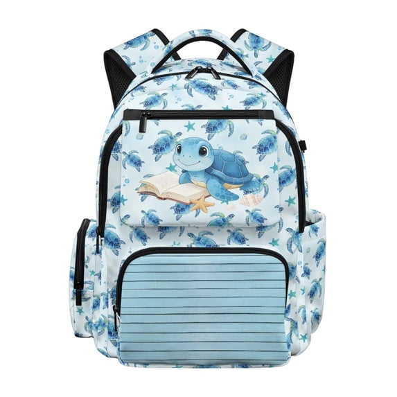 Xixirimido Blue Sea Turtles Starfish Print Kids School Backpack, 17" Large Capacity Bookbag, Multi Pockets School Bag for Boys Girls Teens Preschool Elementary Middle High School