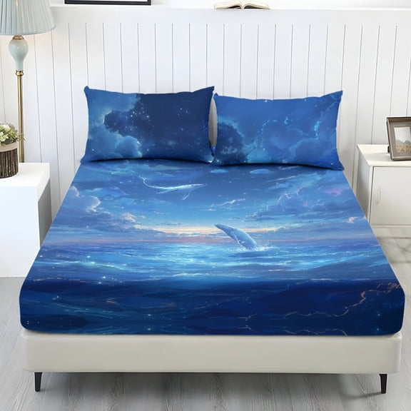 Xixirimido Blue Sea Whale Starry Night Print Fitted Sheet and Pillowcases Set, Luxury Soft Bed Sheet All Around Elastic Bedsheet Deep Pocket, 1 Fitted Sheet and 2 Pillowcases, King Size