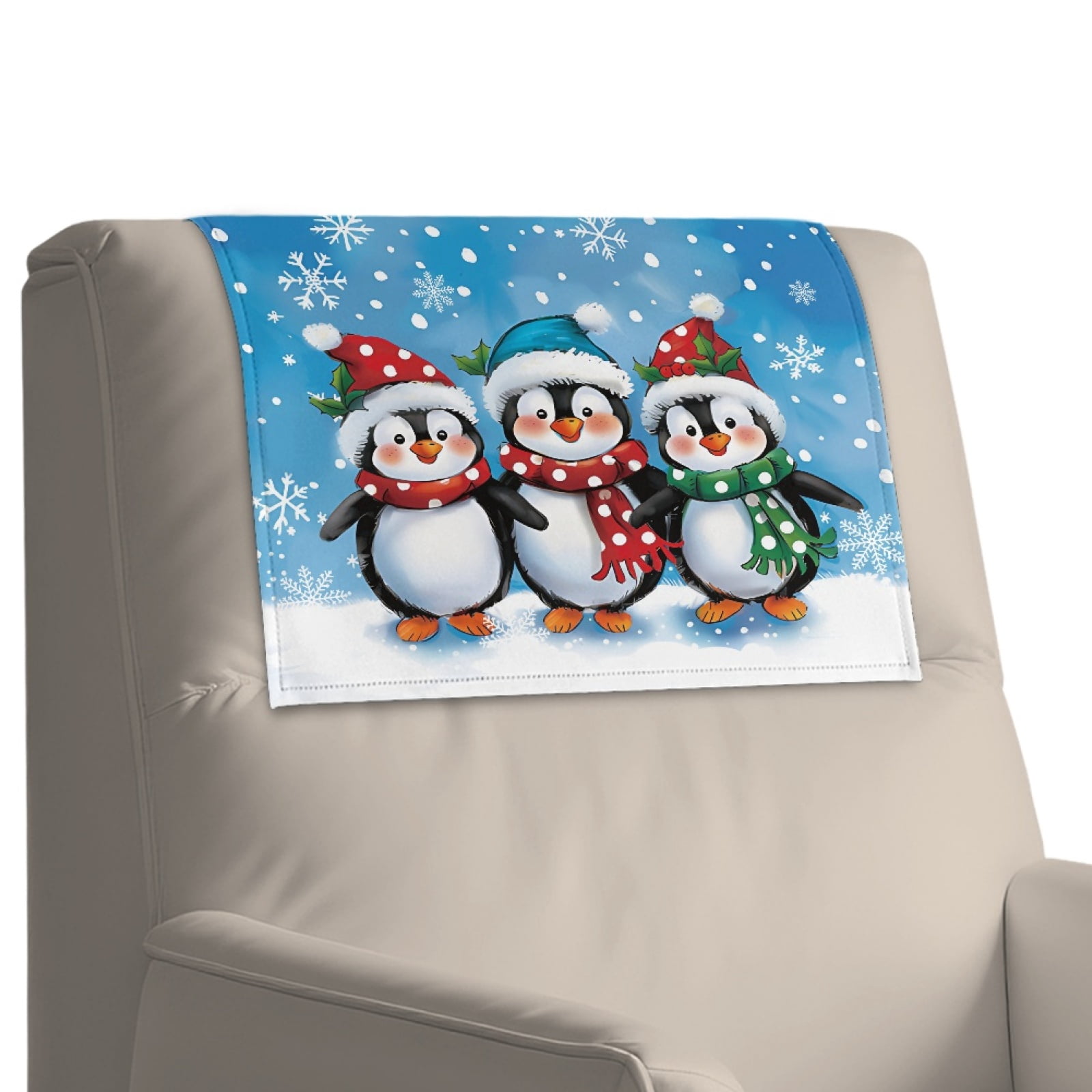 Xixirimido Blue Snow Penguin Christmas Pattern Recliner Chair Head Rest Slipcover Non Slip Waterproof Recliner Chair Cover Leather Sofa Couch Headrest Protector Covers, 2Pcs