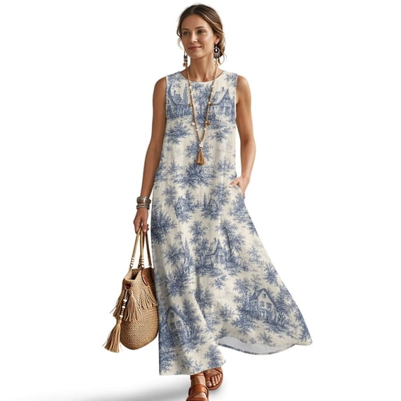 Xixirimido Blue Toile Print Women Maxi Dresses Casual Summer Dresses Tank Long Flowy Sleeveless Sundresses with Pockets Beach Vacation Outfits, 3X-Large