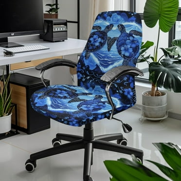 Xixirimido Blue Turtle Hibiscus Floral Print Office Chair Covers, Soft Rotating Chair Slipcovers, Removable Anti-Dust Chair Protective Cover High Back Boss Chair Cover with Button, Large