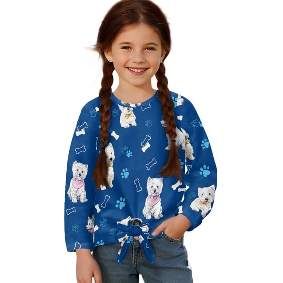Xixirimido Blue West Highland White Terrier Pattern Girls Long Sleeve Shirt Kids Crewneck T-Shirts Trendy 3D Graphic Tie-hem Cute Tees for Fall Winter, Size 7-8