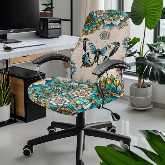 Xixirimido Bohemian Mandala Butterfly Print Computer Office Chair Covers Stretchable Soft Fit Universal Desk Rotating Slipcovers, Removable Washable Chair Protector Cover with Button, Large