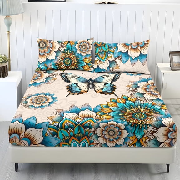 Xixirimido Bohemian Mandala Floral Butterfly Print Sheet Set Breathable Fitted Bottom Sheet Soft Wrinkle-Resistant Durable Bedding Set with Deep Pockets for Home Decor, Twin Size