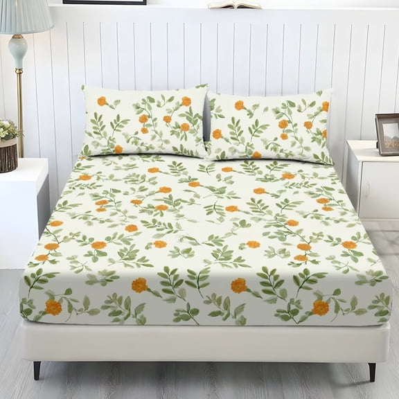 Xixirimido Boho Floral Leaf Print Bed Sheets Set 3 Piece Bedding Sheet Set, Comfy Non-Slip Bedsheet & Pillowcases Deep Pocket Fitted Sheet for Women Men, King Size