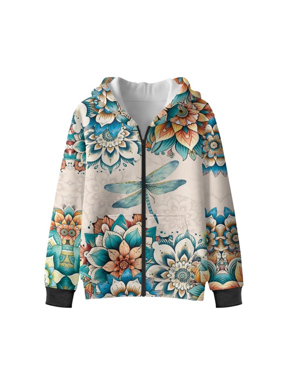 Boho Mandala and Dragonfly Printed Hoodies for Girls Boys Zip Up Hoodie Sweatshirt Teen Lightweight Fall Winter Jacket Casual Long Sleeve Pullover Top Velvet Lining, 9-11 Years