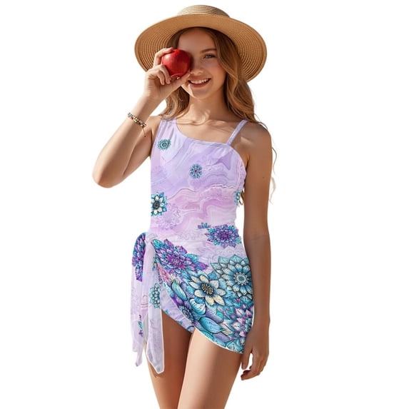 Xixirimido Boho Mandala Flower Print One Piece Swimsuit Set for Girls with Mesh Cover Up Skirt, One Shoulder Swimsuit Bathing Suit with Adjustable Strap, Size 9-10 Years