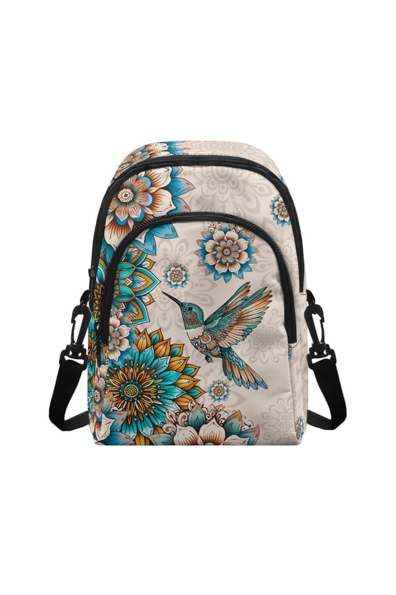 Boho Mandala Hummingbird Pattern Small Sling Bag Cell Phone Purse Fanny Crossbody Bag for Women Trendy Chest Backpack with Adjustable Strap