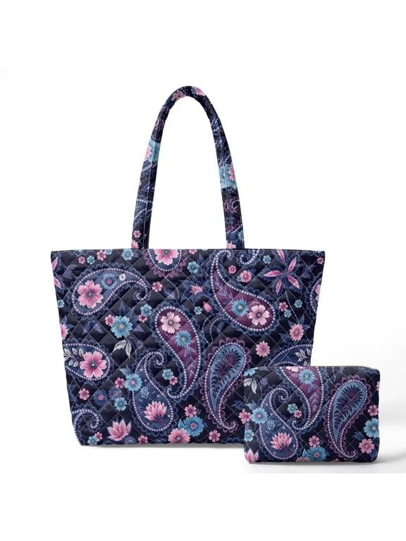 Boho Paisley Floral 2Pcs Quilted Tote Bag Set for Women, Lightweight Puffer Shoulder Bag with Zippered Pouch for College Work Travel Casual