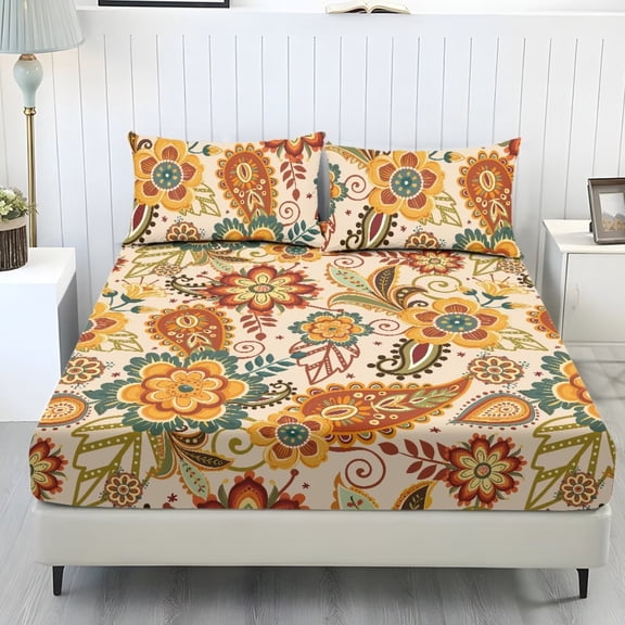 Xixirimido Boho Paisley Floral Print 3Pcs Fitted Sheet Set Soft Bed Sheet with 2 Pillowcases Wrinkle Resistant Bedding Set Breathable Mattress Sheets, Queen Size