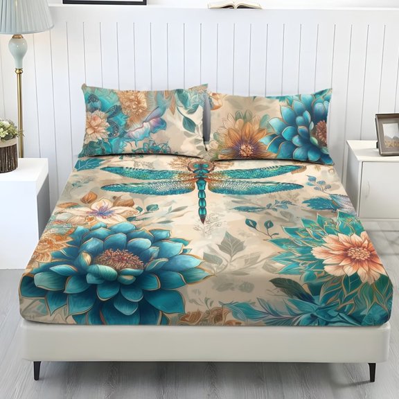Xixirimido Boho Style Mandala Dragonfly Print Sheet Set Soft Fade Resistant 3 Piece Bed Sheet Set All Around Elastic Fitted Sheet & Pillowcases Home Bedroom Decor, Queen Size