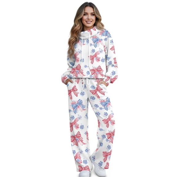 Xixirimido Bowknot Floral Print Lounge Sets for Women Sweatsuits 2 Piece Fall Winter Fashion Outfits Long Sleeve Sweatshirt Wide Leg Sweatpants Set Oversized Tracksuit, X-Small