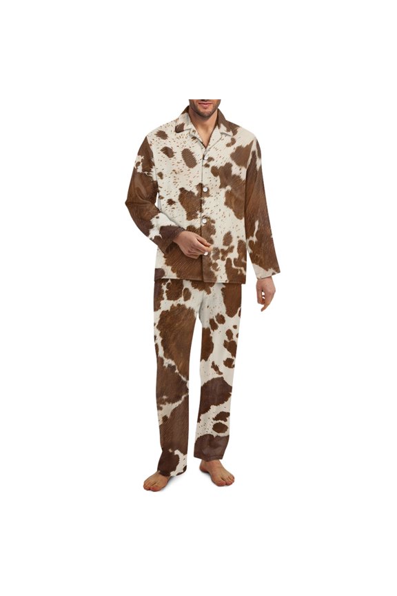 Brown Cow Cowhide Print Mens Ultra Soft Pajama Set, Stretch Long Sleeve Lounge Pjs Button-Down Lightweight & Cozy Sleepwear with Pockets, Large