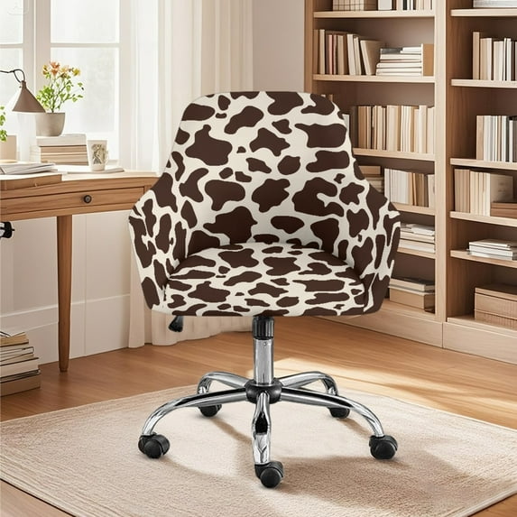 Xixirimido Brown Cowhide Pattern Swivel Office Armrest Chair Covers Stretch Dining Chair Cover, Mid-Back Desk Chair Slipcover Removable Accent Armchair Protector
