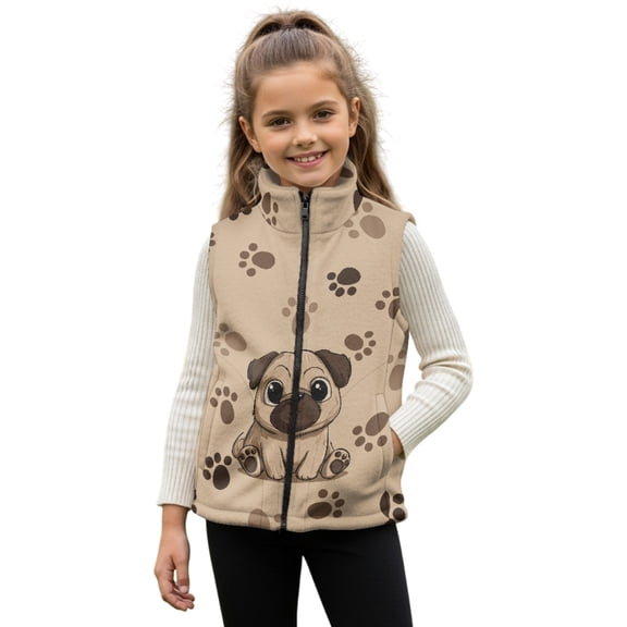 Xixirimido Brown Pug and Paws Pattern Boys Girls Fleece Vest Sleeveless Stand-up Collar Jacket with Pockets Full-Zip Fall Winter Warm Outerwear for 7-8