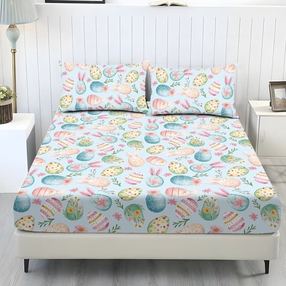 Xixirimido Bunny Ears Easter Eggs Blue Print Sheet Set Soft Fade Resistant 3 Piece Bed Sheet Set All Around Elastic Fitted Sheet & Pillowcases Home Bedroom Decor, Twin Size