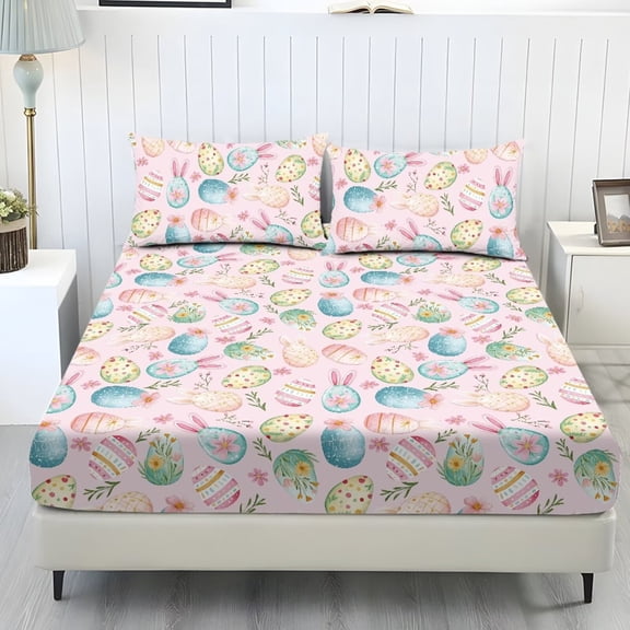 Xixirimido Bunny Ears Easter Eggs Pink Print Sheets Set - 3 Piece Soft Breathable Bed Sheet Set - Deep Pocket Non-Slip 1 Fitted Sheet and 2 Pillowcases for All Season, Twin Size