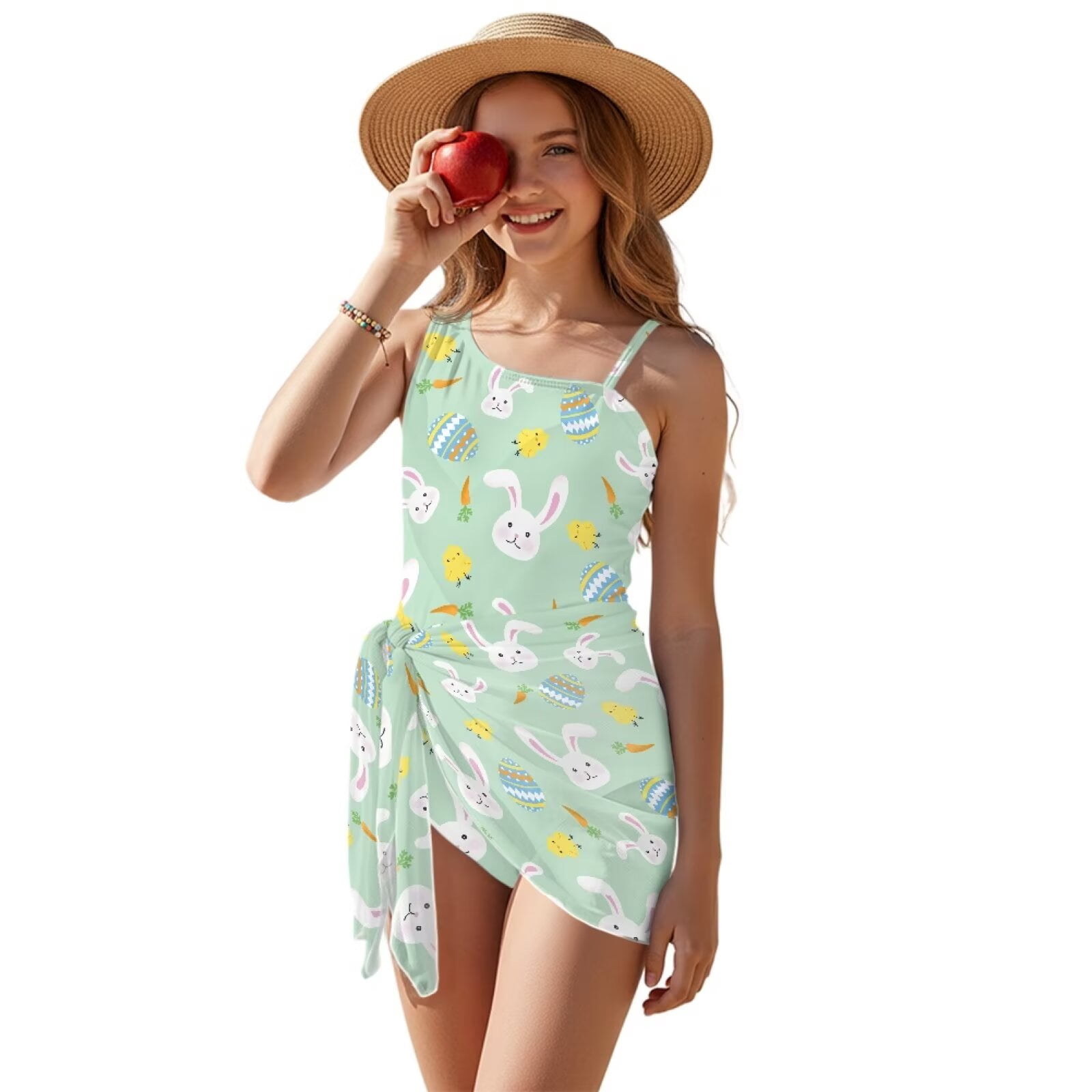 Xixirimido Bunny Rabbit Chicken Eggs Green Print Girls Swimsuits Set ...