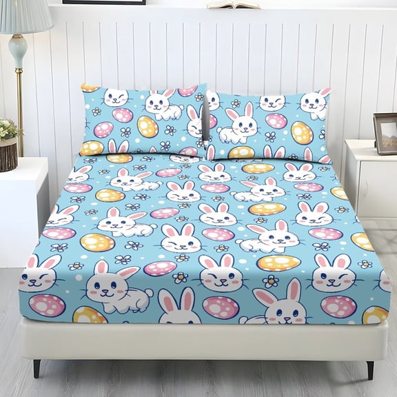 Xixirimido Bunny Rabbit Easter Eggs Blue Print Sheet Set Breathable Fitted Bottom Sheet Soft Wrinkle-Resistant Durable Bedding Set with Deep Pockets for Home Decor, King Size