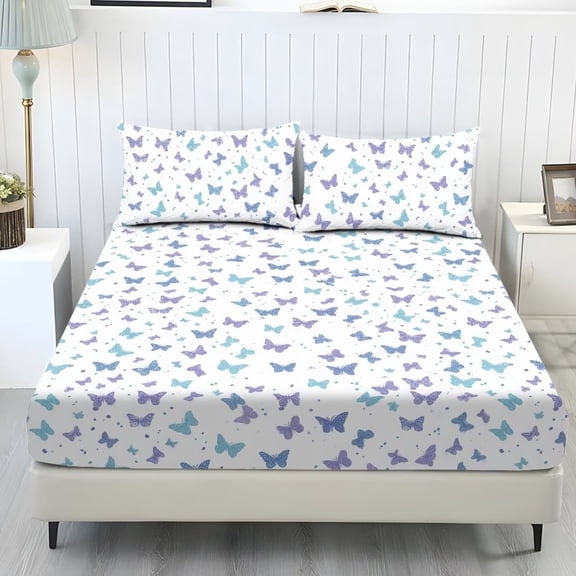Xixirimido Butterflies White Print 3Pcs Fitted Sheet Set Soft Bed Sheet with 2 Pillowcases Wrinkle Resistant Bedding Set Breathable Mattress Sheets, Queen Size