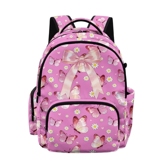 Xixirimido Butterfly Bows Daisy Pink Print 17" Kids Backpack for Boys & Girls Large School Bags with Multi Pockets Elementary Middle High School Student Bookbag