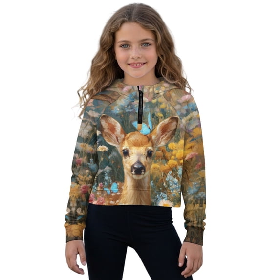 Xixirimido Butterfly Deer Wild Floral Pattern Half Zip Sweatshirt for Girls Long Sleeve Pullover Crop Tops with Pocket Kids Hoodie Fall Winter Clothes Size 7-8