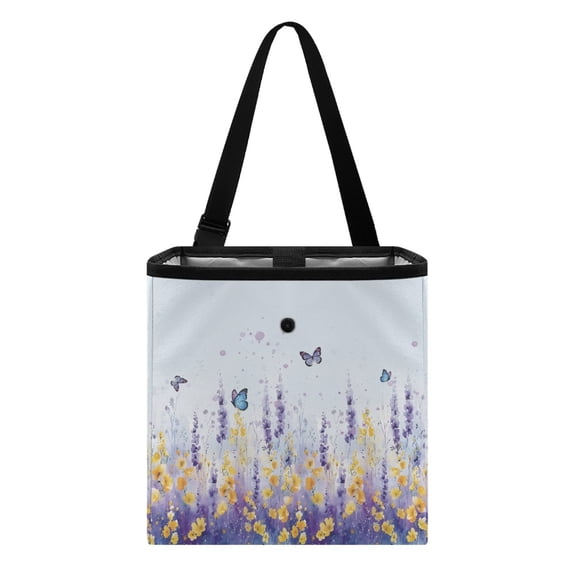 Xixirimido Butterfly Lavender Daisy Pattern Car Trash Can Hanging Trash Bin Leak-Proof Collapsible Car Garbage Bag, 2 Gal Large Capacity Multipurpose Storage Container