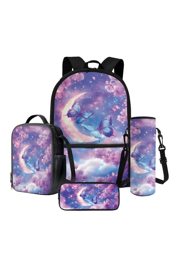 Butterfly Moon Cherry Blossom Pattern Kids School Backpack 4Pcs Bundle 17 Inch Bookbag, Insulated Lunch Box, Water Bottle Pouch, Pen Organizer Back to School Essentials