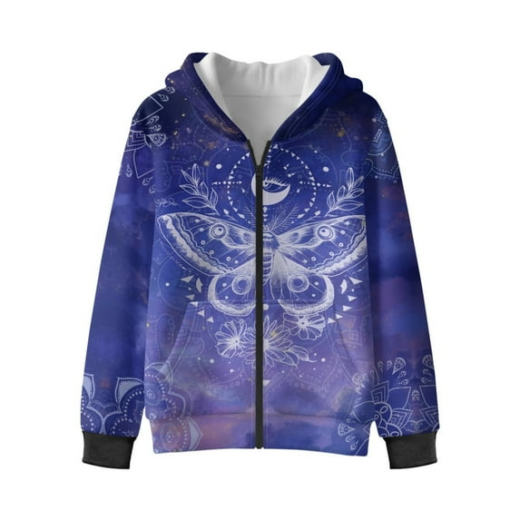Xixirimido Butterfly Mystical Celestial Printed Kids Zip Up Hoodies for Boys Girls 3D Graphic Hooded Sweatshirt Zipper Long Sleeve Pullover Top with Pockets for 14-16 Years