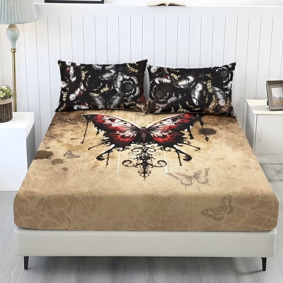 Xixirimido Butterfly Print Sheet Set Soft Fade Resistant 3 Piece Bed Sheet Set All Around Elastic Fitted Sheet & Pillowcases Home Bedroom Decor, Twin Size
