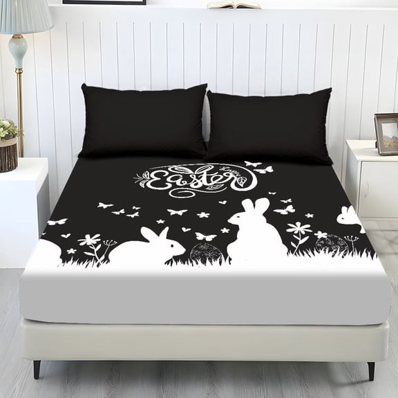 Xixirimido Butterfly Rabbit Floral Easter Print Sheet Set Comfy Easy Care 3 Pieces Bedding Set 1 Fitted Sheet & 2 Pillowcases, All Around Elastic Bed Sheet for Women Men, Twin Size