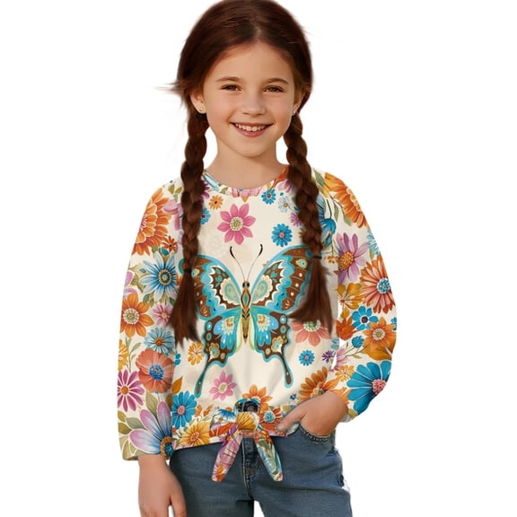 Xixirimido Butterfly Vibrant Daisy Flower Pattern Girls Long Sleeve Shirts Cute Kids Fashion Crew Neck Tunic Tops Tie-hem Tees for Fall Winter, Size 7-8