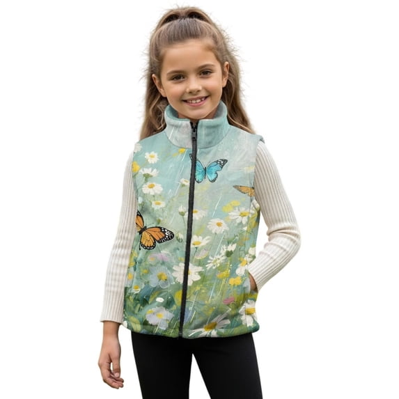 Xixirimido Butterfly Vibrant Floral Pattern Kids Zip-up Vest for Girls Boys Sleeveless Fleece Vest with Pockets Stand Collar Jacket Kids Fall Winter Outwear for 2T
