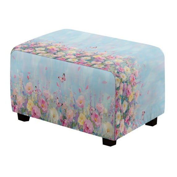 Xixirimido Butterfly Vibrant Flowers Pattern Ottoman Cover Rectangle Stretch Footrest Stool Cover for Storage Ottoman, Foot Stool Slipcover Protector with Nonslip Elastic Bottom, Small
