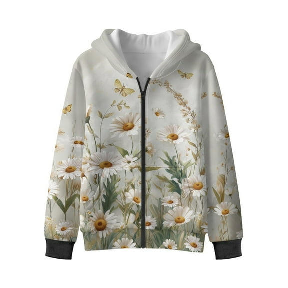 Xixirimido Butterfly White Daisy Flower Printed Boys Girls Hoodies Teens Hooded Sweatshirt with Pocket Kids Long Sleeve Fashion Pullover Graphic Design Jacket for Fall Winter, 6-8 Years