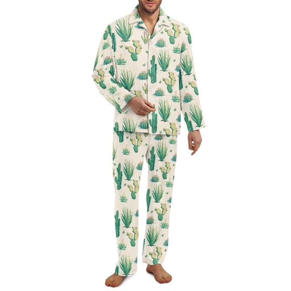 Xixirimido Cactus Design Mens Pajama Set Soft Button Down Pajamas Long Sleeve Pjs Sleepwear Loungear Comfy Sleep Sets with Pockets, XX-Large
