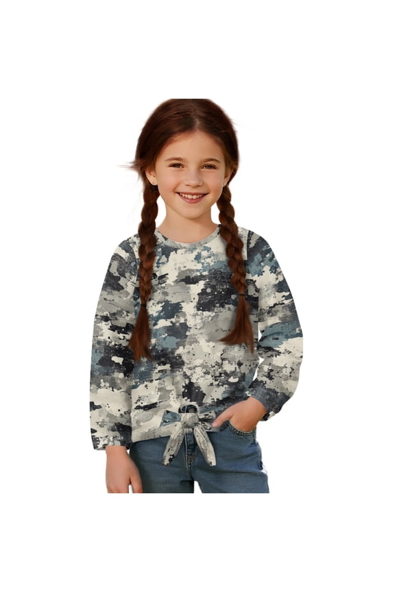 Camouflage Pattern Girls Long Sleeve Shirts Casual T-shirt Loose Fit Tunic Tops Crewneck Tie-hem Blouse Tees for Fall Winter, Size 11-12
