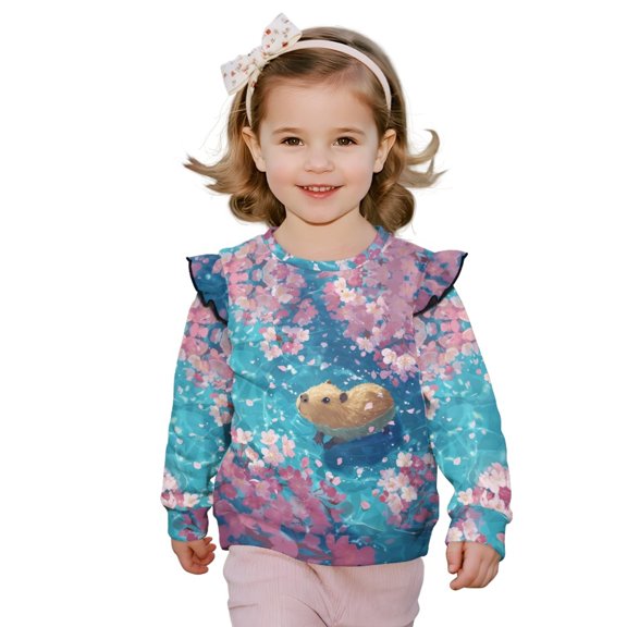 Xixirimido Capybara Cherry Blossom Print Sweatshirt for Toddler Girls Ruffle Pullover Top Casual Long Sleeve Top Kids Graphic Crewneck Sweater Fall Winter Outfit, for 2-3T