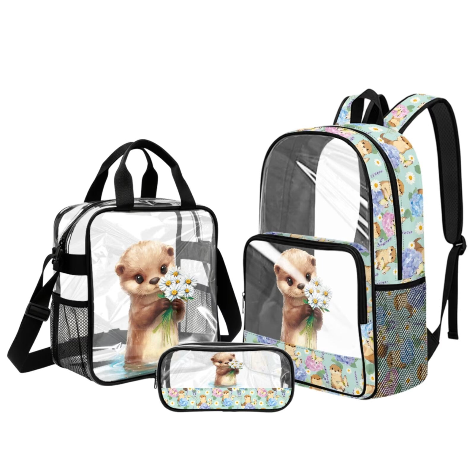 Xixirimido Capybara Daisy Hydrangea Print Clear Backpack 3Pcs Set for Boy Girls PVC See Through Transparent 17in Backpack with Clear Lunch Box & Pencil Case Kids School Stadium Bag Set