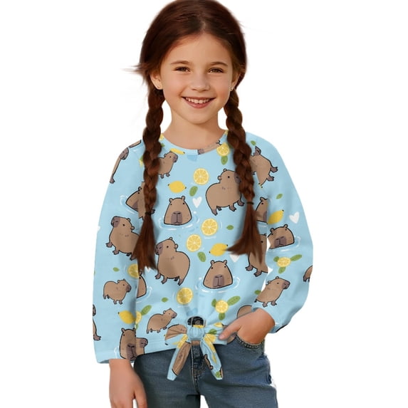 Xixirimido Capybara Lemon Blue Pattern Girls Casual T-Shirt Crew Neck Tunic Tops Long Sleeve Loose Fit Soft Blouse Tie-hem Tees for Fall Winter, Size 5-6