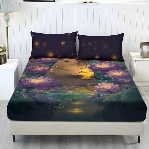Xixirimido Capybara Lotus Flower Starry Night Print Fitted Sheet with Pillowcases 3 Piece Set Deep Pocket Fitted Sheet for Bedroom Ultra Soft Fitted Bottom Sheet, Fade Resistant, Twin Size