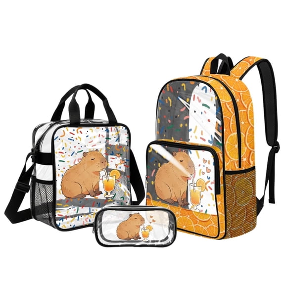 Xixirimido Capybara Oranges Print 3 Pack Clear Backpack Set Stadium Approved Transparent Backpack with Lunch Bag & Pencil Case PVC Waterproof See Through School Bag