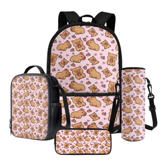 Xixirimido Capybara Strawberry Pink Pattern Kids School Backpack 4Pcs Bundle 17 Inch Bookbag, Insulated Lunch Box, Water Bottle Pouch, Pen Organizer Back to School Essentials