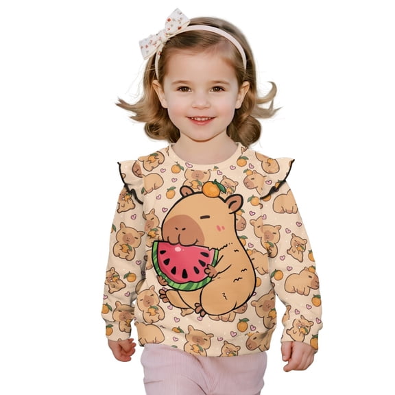 Xixirimido Capybara Watermelon Orange Print Girls Toddler Sweatshirt Long Sleeve Ruffle Shoulder Pullover Sweater Graphic Crewneck Top Cozy Fall Winter Clothes, for 4-5T