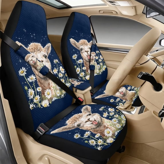 Xixirimido Car Seat Cover Set of 5 Pieces Front Seat Covers with Matching Seat Belt and Center Console Covers PU Leather Fits Most Vehicles, Alpaca Daisy Blue