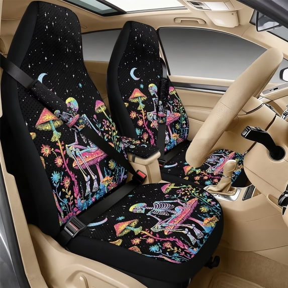 Xixirimido Car Seat Cover Set of 5 Pieces Front Seat Covers with Matching Seat Belt and Center Console Covers PU Leather Fits Most Vehicles, Black-Skull Mushroom Starry Night