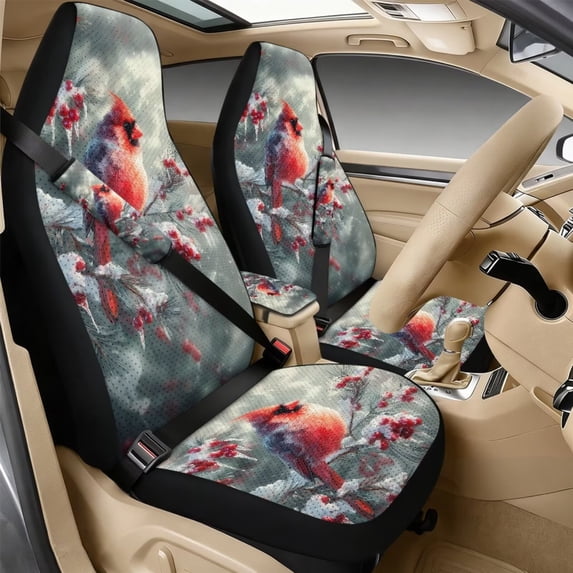 Xixirimido Car Seat Cover Set of 5 Pieces Front Seat Covers with Matching Seat Belt and Center Console Covers PU Leather Fits Most Vehicles, Cardinal Snow Berries