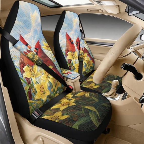 Xixirimido Car Seat Cover Set of 5 Pieces Front Seat Covers with Matching Seat Belt and Center Console Covers PU Leather Fits Most Vehicles, Cardinal Yellow Lily Flower